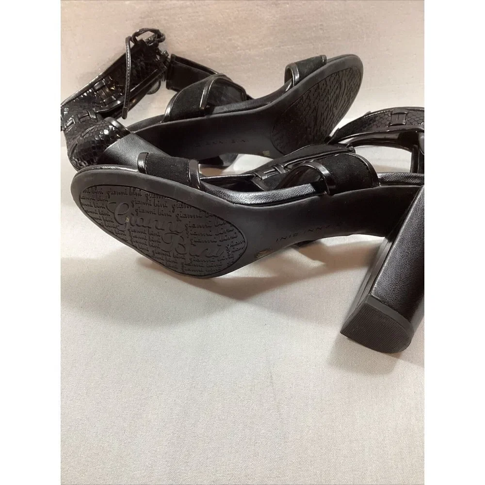 Gianni Bini Women 8 Black Heels Leather Suede T Strap Block‎ Shoes 3058